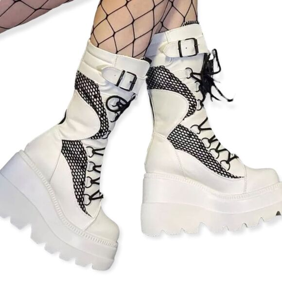 White Black Mesh D Rings Zipper Tall Platform Combat Boots NEW - Picture 2 of 4
